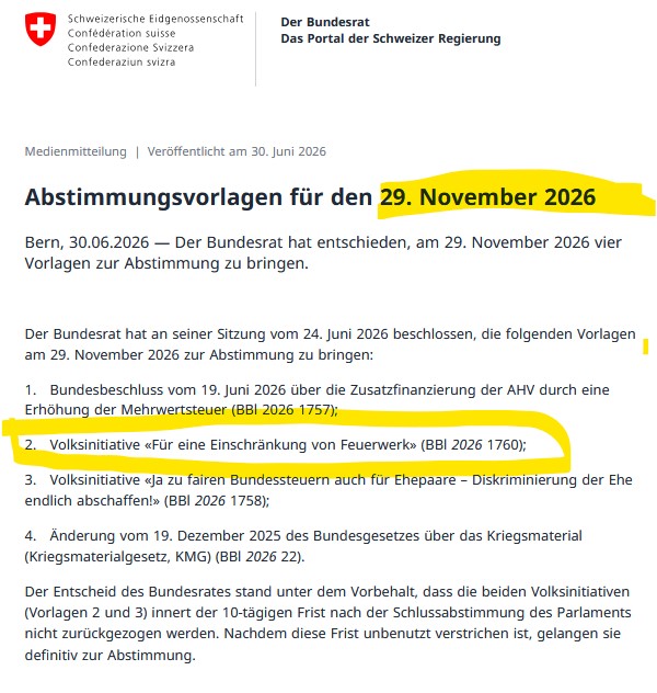 Abstimmung über die Feuerwerksinitiative am 29. November 2026